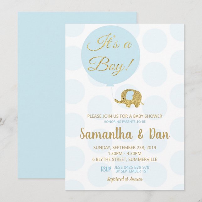 Blue and Gold Elephant Baby Dusche Einladung Boy (Vorne/Hinten)