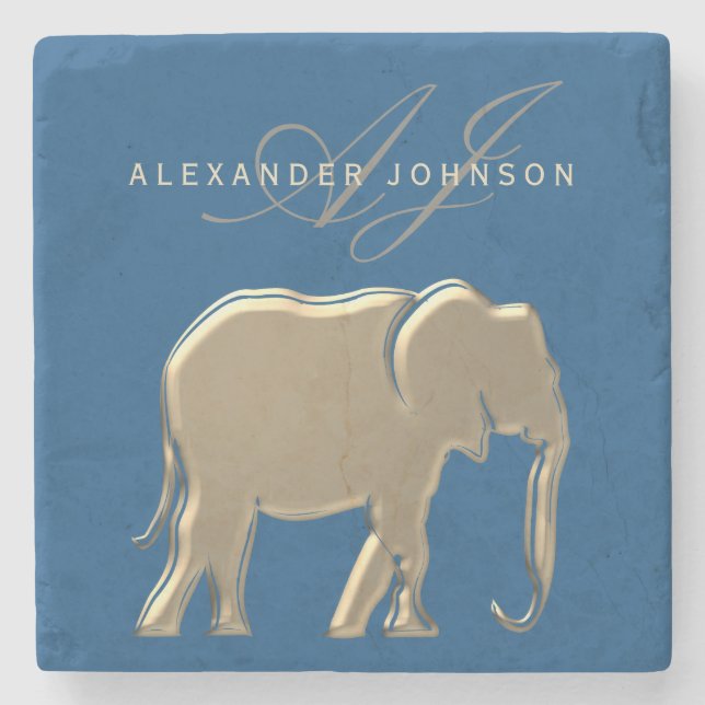 Blue and Gold Elephant Mit Monogramm Steinuntersetzer (Vorderseite)