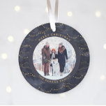 Blue and Gold Fairy Lights | Zwei Fotos Ornament<br><div class="desc">Dieses moderne Weihnachtsschmuck besticht durch einen reichen,  dunkelblauen Hintergrund mit eleganten Imitaten,  goldenen Märchenleuchten und zwei Ihrer beliebten persönlichen Fotos. Fügen Sie Ihren Familiennamen in goldfarbenem Text hinzu.</div>