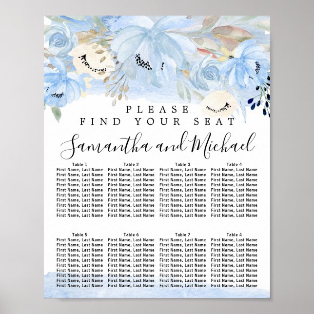 Blue and Gold Floral 8-Tisch Hochzeitskarte Poster (Vorne)