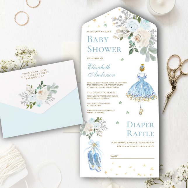 Blue and Gold Floral Ballerina Baby Dusche All In One Einladung (Von Creator hochgeladen)