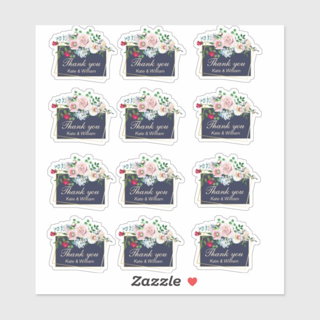 Blue and Gold Floral Frame Wedding Danke Set Aufkleber (Blatt)