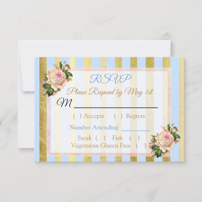 Blue and Gold Floral Striped Wedding RSVP Karte (Vorderseite)