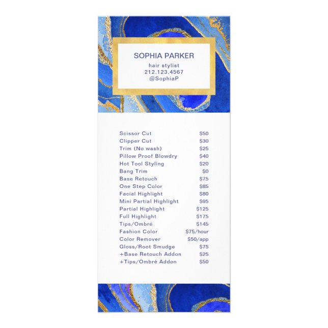 Blue and Gold Geode | Salon Price List Service Werbekarte (Vorne)