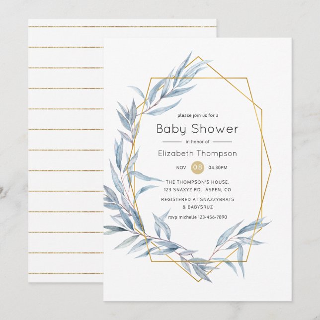 Blue and Gold Geometric Eucalyptus Baby Shower Einladung (Vorne/Hinten)