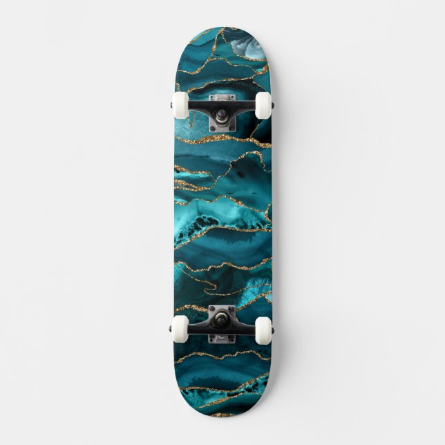Blue and gold glitter agate skateboard (Vorderseite)