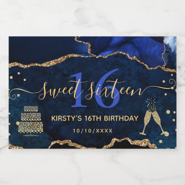 Blue and Gold Glitzer Agate Marble Sweet 16 (Einzelnes Label)