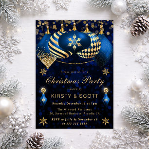 Blue and Gold Glitzer Baubles Party Einladung