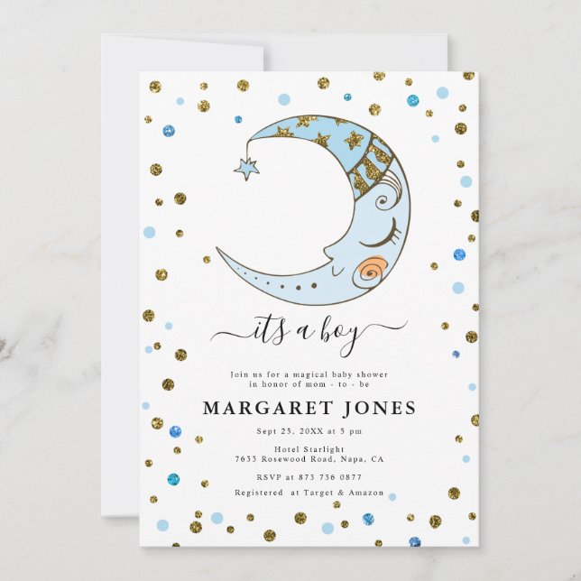 Blue and Gold Glitzer Confetti Moon Babydusche Einladung (Vorderseite)