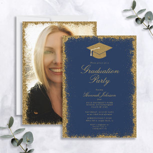 Blue and Gold Glitzer Foto Graduation Party Einladung