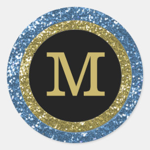 Blue and Gold Glitzer Mit Monogramm Runder Aufkleber
