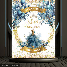 Blue and Gold Glitzer Sweet 16 Party Hintergrund Wandteppich