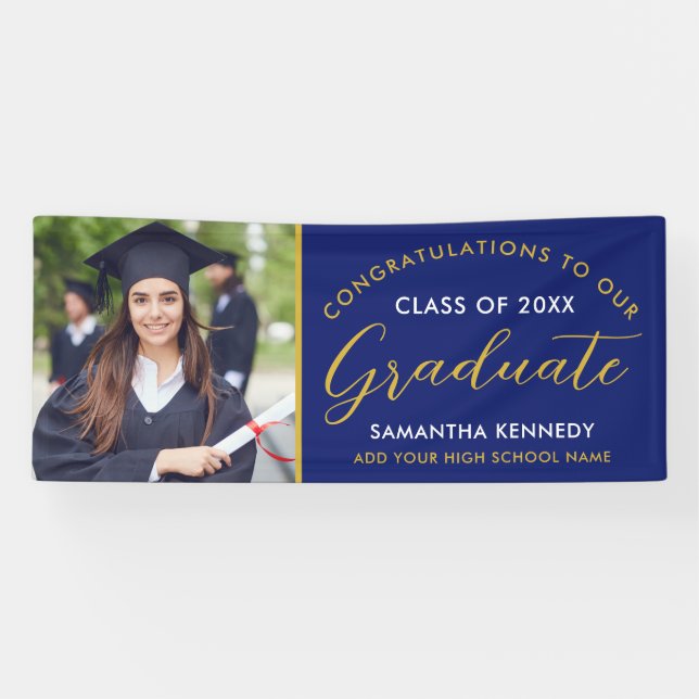 Blue and Gold Glückwunschs Grad Foto Abschluss Banner (Horizontal)