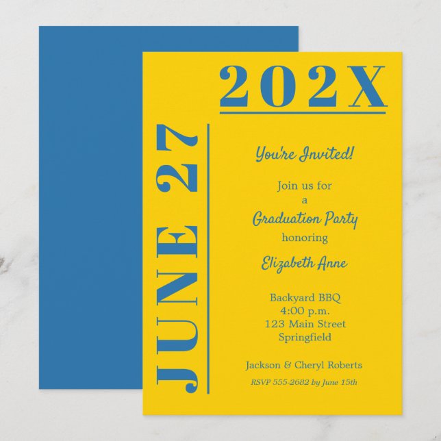 Blue and Gold Graduation Party Einladung (Vorne/Hinten)