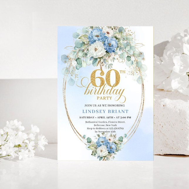 Blue and Gold Greenery 60th Birthday Invitation Einladung (Blue and Gold Greenery 60th Birthday Invitation)
