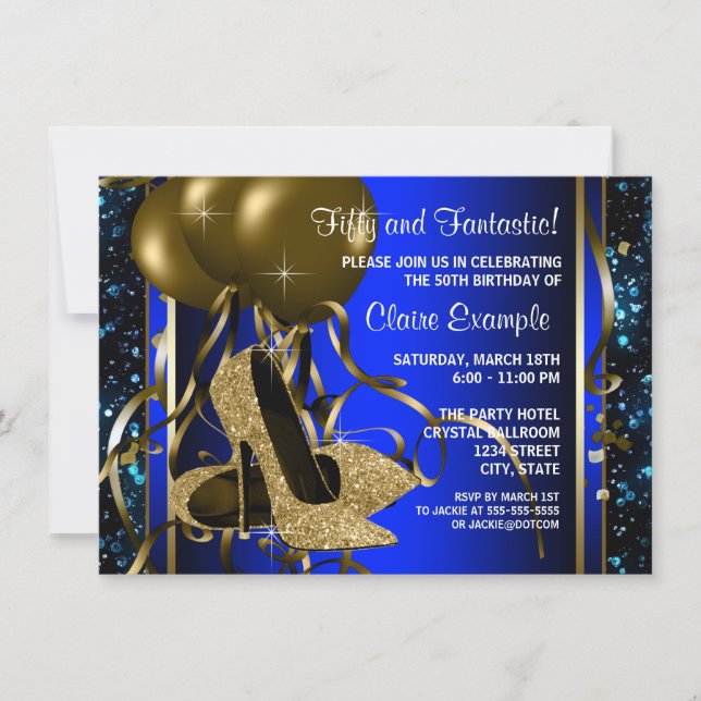 Blue and Gold High Heels Frauen Geburtstagsparty Einladung (Vorderseite)