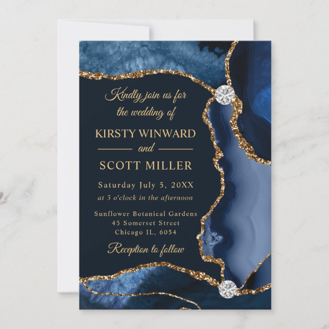 Blue and Gold Imitats Glitzer Agate Wedding Einladung (Vorderseite)