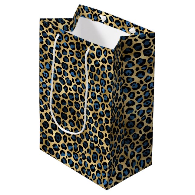 Blue and Gold Leopard Serie Design 4 Mittlere Geschenktüte (Vorderseite Schrägansicht)