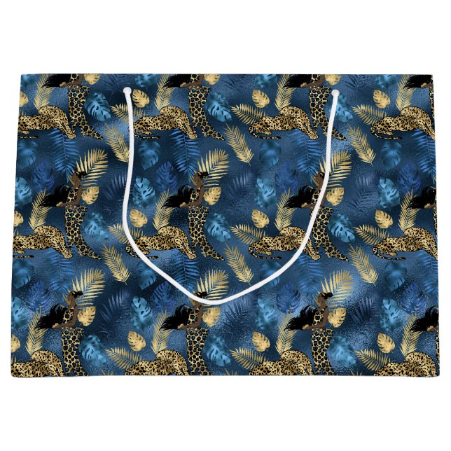 Blue and Gold Leopard Serie Design 6 Große Geschenktüte (Vorderseite)