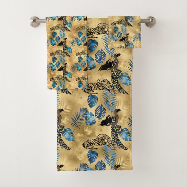Blue and Gold Leopard Serie Design 7 Badhandtuch Set (Insitu)