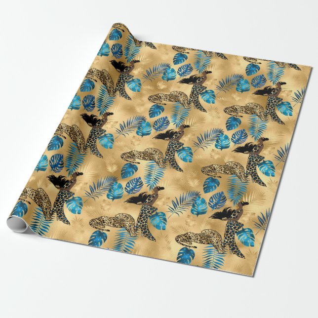 Blue and Gold Leopard Serie Design 7 Geschenkpapier (Ungerollt)