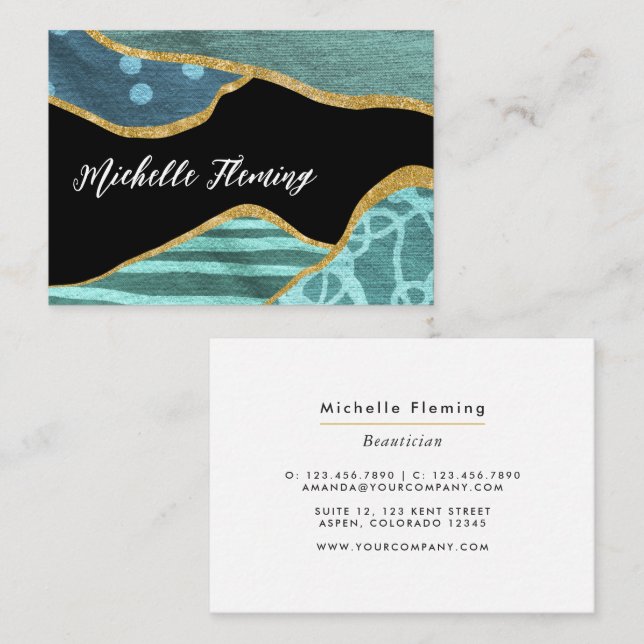 Blue and Gold Linen Fabric Business Card Visitenkarte (Vorne/Hinten)