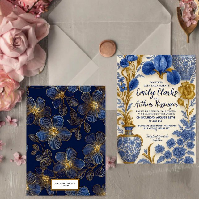 Blue and Gold Luxury Floral Wedding Invitation  (Créateur téléchargé)