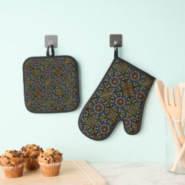 Blue and Gold Mandala Ofenhandschuh & Topflappen-Set
