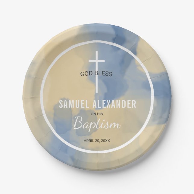 Blue and Gold Modern Watercolor Baby Boy Taufe Pappteller (Vorderseite)