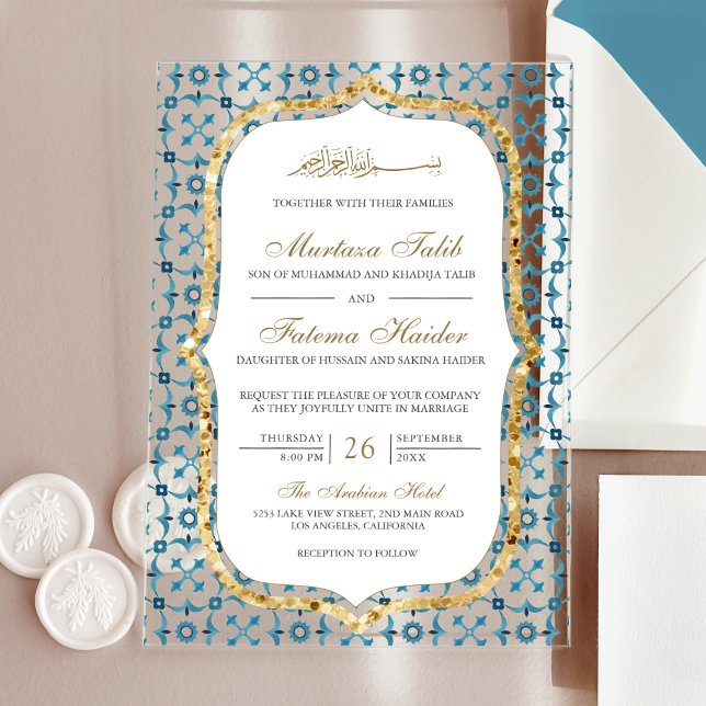 Blue and Gold Moroccan Tile Islamic Wedding  Acryleinladungen (Von Creator hochgeladen)