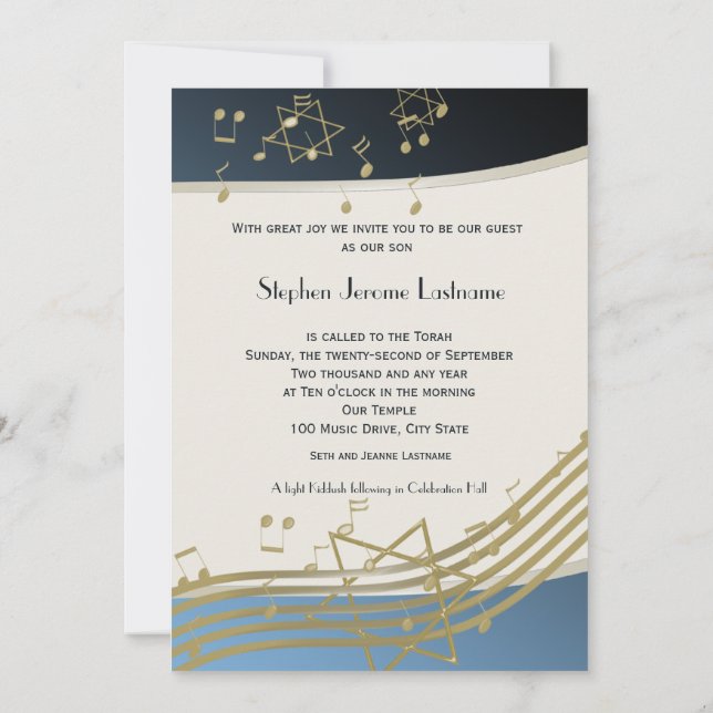 Blue and Gold Music Bar Mitzvah Einladung (Rückseite)