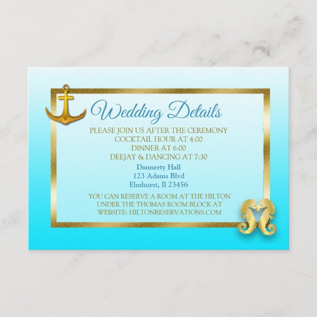 Blue and Gold Nautical Wedding Details Card Begleitkarte (Vorderseite)