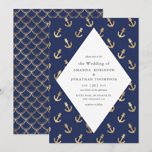 Blue and Gold Nautical Wedding Einladung (Vorne/Hinten)