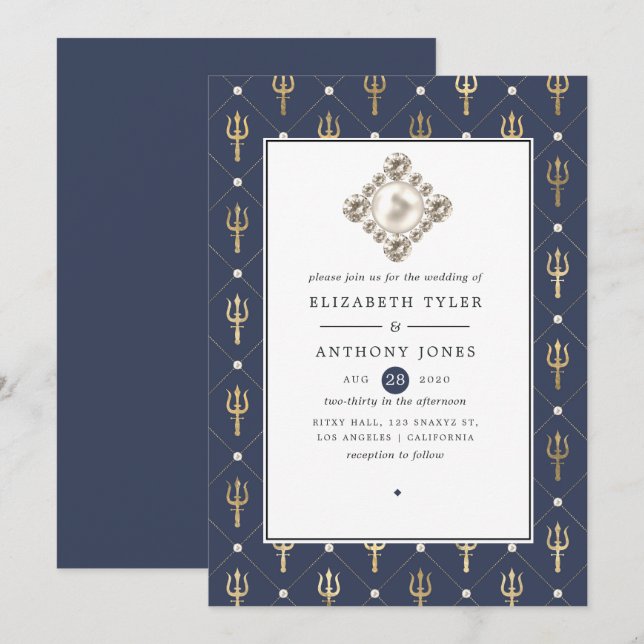 Blue and Gold Nautical Wedding Einladung (Vorne/Hinten)