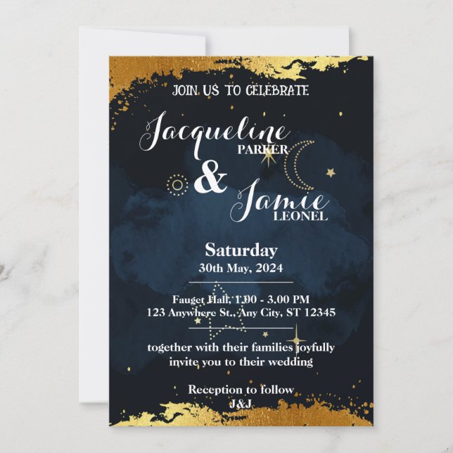 Blue and Gold Night Sky Illustrative Wedding Einladung (Vorderseite)