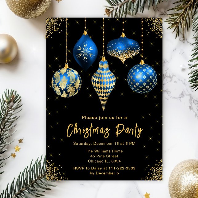 Blue and Gold Ornaments Christmas Party Einladung (Von Creator hochgeladen)