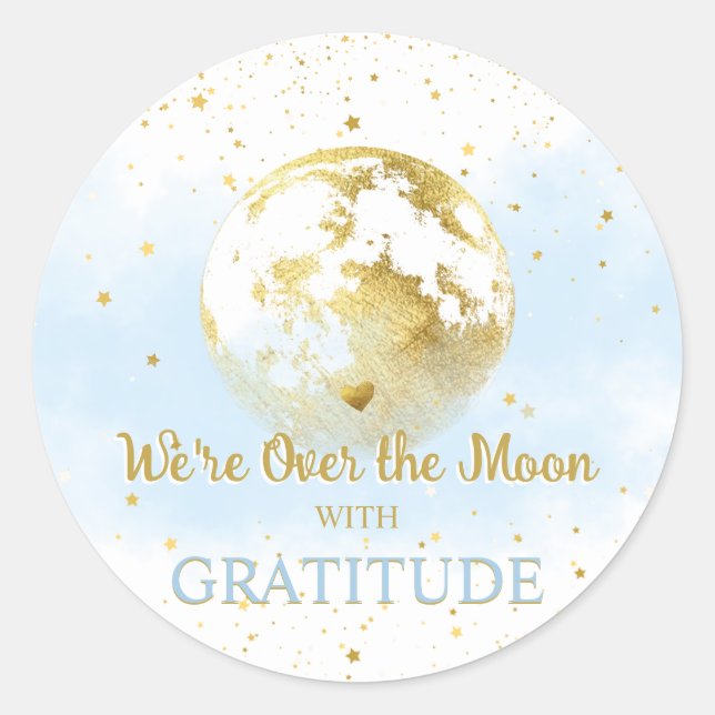 Blue and Gold Over Moon Baby Shower Danke Runder Aufkleber (Vorderseite)