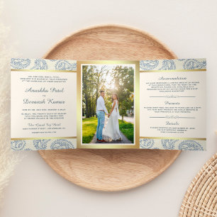 Blue and Gold Paisley Indian Style Wedding Foto Dreifach Gefaltete Einladung