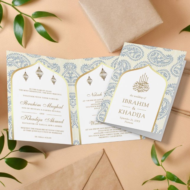 Blue and Gold Paisley QR Code Muslim Wedding Einladung (Von Creator hochgeladen)
