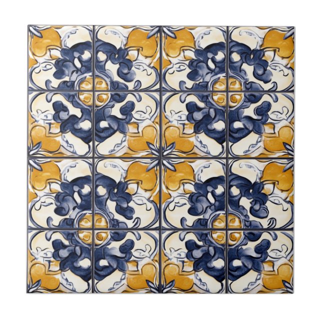 Blue and Gold Pattern Ceramic Tile Fliese (Vorderseite)