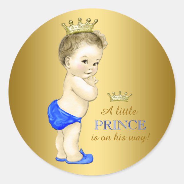 Blue and Gold Prince Baby Dusche Runder Aufkleber (Vorderseite)