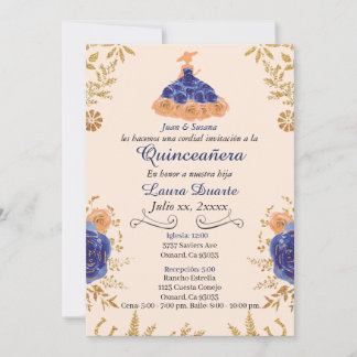 Blue and Gold Quinceañera Einladung Gold Blume