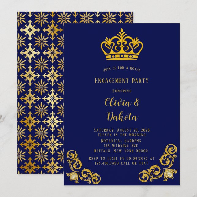 Blue and Gold Royal Wedding Engagement Party Invit Einladung (Vorne/Hinten)