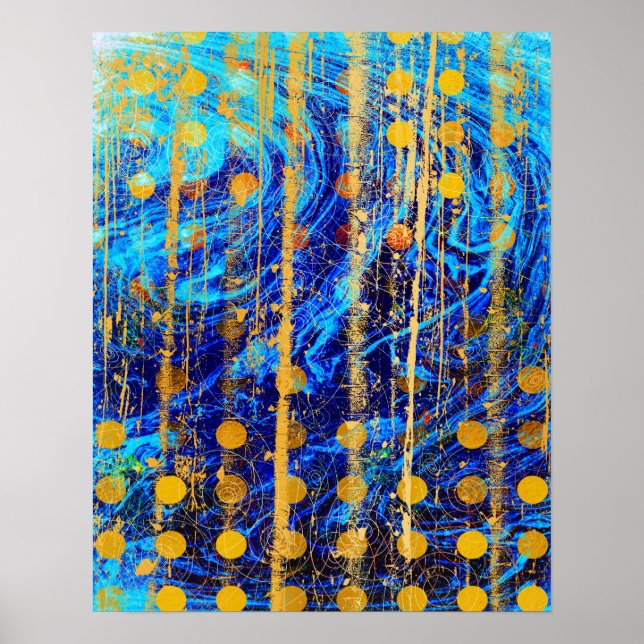 Blue and Gold Rustic Polka Dot Marble Grunge Poster (Vorne)