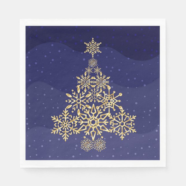 Blue and Gold Snowflake Tree Weihnachten Napkins Serviette (Vorderseite)