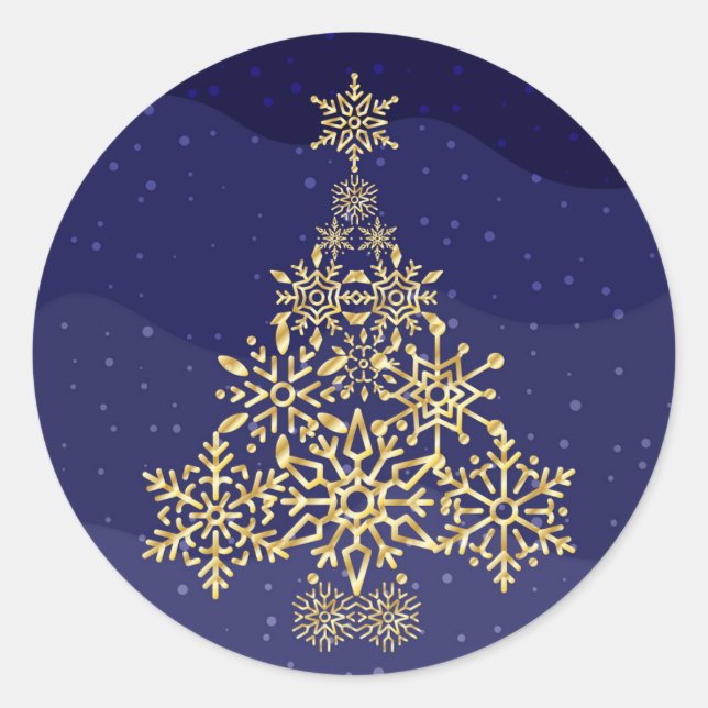 Blue and Gold Snowflake Tree Weihnachtssticker Runder Aufkleber (Vorderseite)