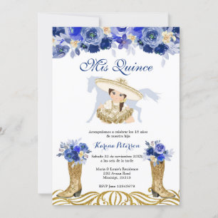 Blue and Gold Spanish Boot Charra Quinceanera Einladung