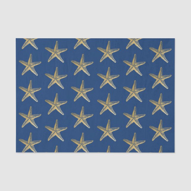 Blue and Gold Starfish Beach Coastal Seidenpapier (Vorderseite)