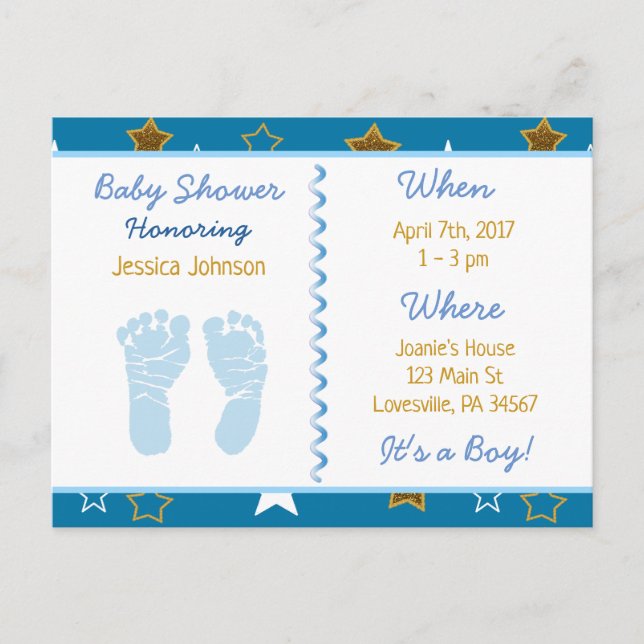 Blue and Gold Stars Boys Baby Shower Einladungen (Vorderseite)