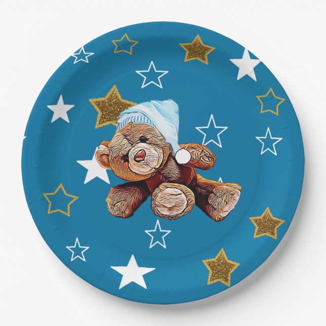 Blue and Gold Teddy Bear and Stars Paper Teller (Vorderseite)